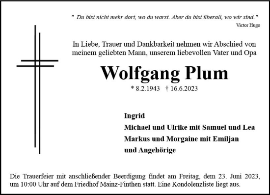 Traueranzeige von Wolfgang Plum von Allgemeine Zeitung Mainz