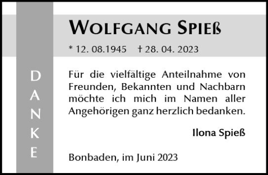 Traueranzeige von Wolfgang Spieß von Wetzlarer Neue Zeitung