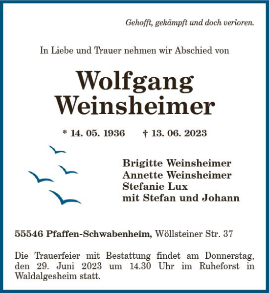 Traueranzeige von Wolfgang Weinsheimer von Allgemeine Zeitung Bad Kreuznach