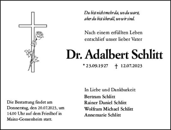 Traueranzeige von Adalbert Schlitt von Wiesbadener Kurier