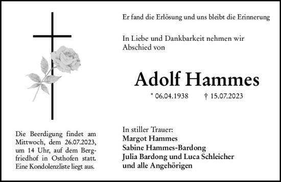 Traueranzeige von Adolf Hammes von Wormser Zeitung