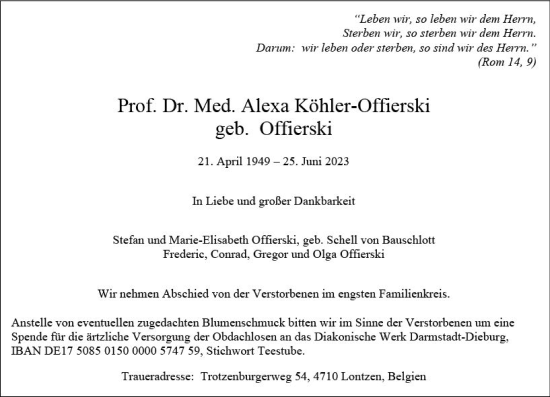 Traueranzeige von Alexa Kähler-Offierski von Darmstädter Echo