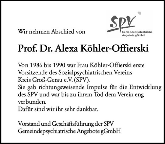 Traueranzeige von Alexa Köhler-Offierski von Groß-Gerauer Echo