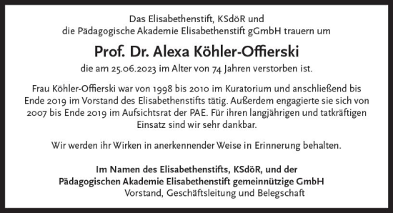 Traueranzeige von Alexa Köhler-Offierski von Darmstädter Echo