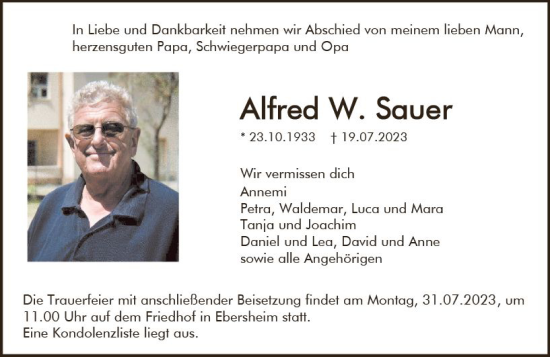 Traueranzeige von Alfred W. Sauer von Allgemeine Zeitung Mainz