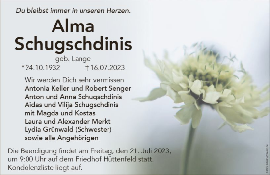 Traueranzeige von Alma Schugschdinis von Starkenburger Echo