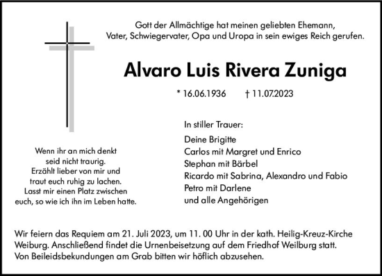 Traueranzeige von Alvaro Luis Rivera Zuniga von Weilburger Tageblatt