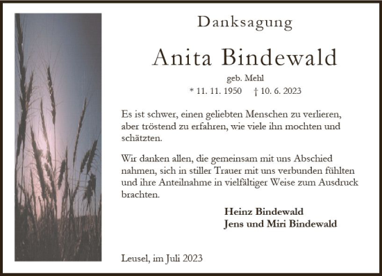 Traueranzeige von Anita Bindewald von Oberhessen Kurier