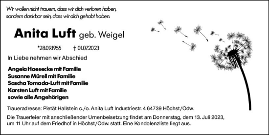 Traueranzeige von Anita Luft von Odenwälder Echo