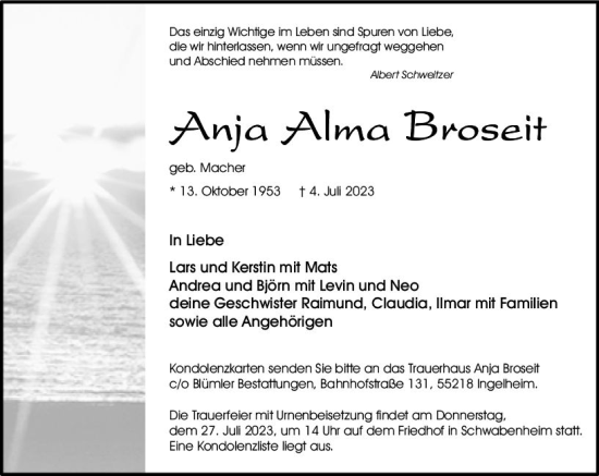 Traueranzeige von Anja Alma Broseit von Allgemeine Zeitung Bingen/Ingelheim