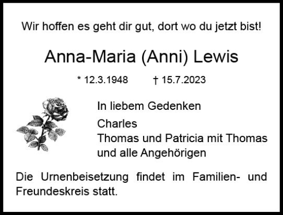 Traueranzeige von Anna-Maria Lewis von Dieburger Anzeiger/Groß-Zimmerner Lokal-Anzeiger