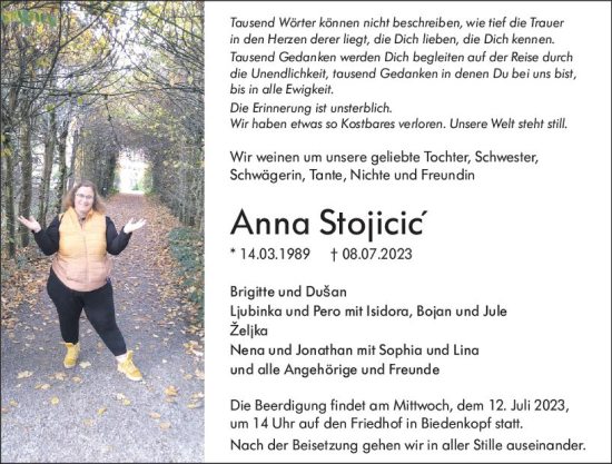 Traueranzeige von Anna Stojicic von Hinterländer Anzeiger