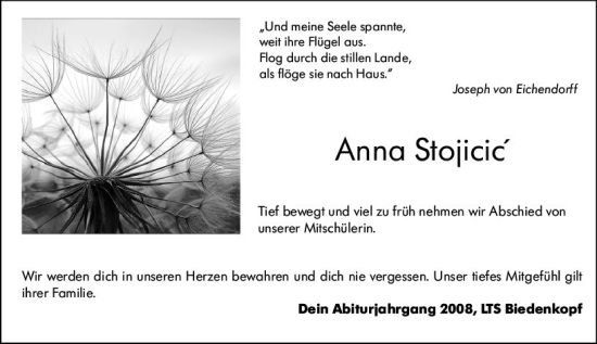 Traueranzeige von Anna Stojicic von Hinterländer Anzeiger