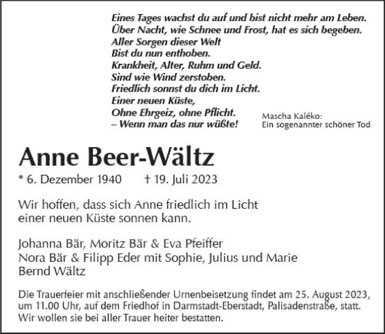 Traueranzeige von Anne Beer-Wältz von Darmstädter Echo