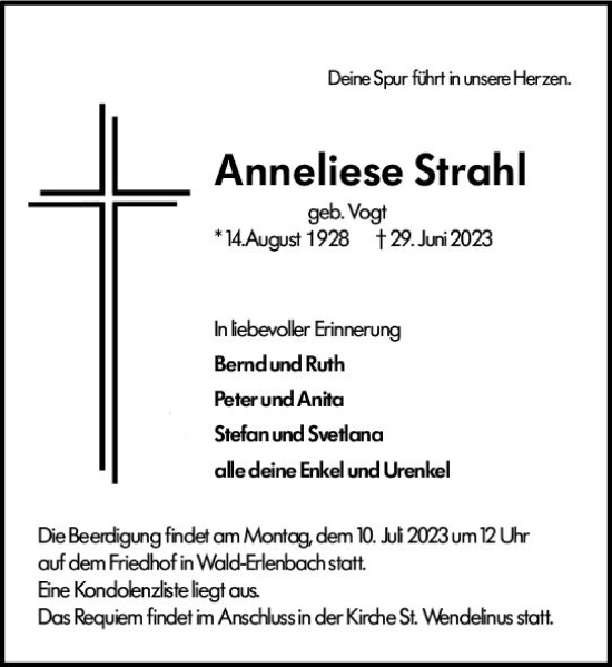 Traueranzeige von Anneliese Strahl von Starkenburger Echo