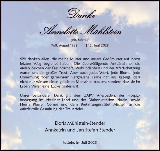 Traueranzeige von Annelotte Mühlstein von Idsteiner Land/Untertaunus