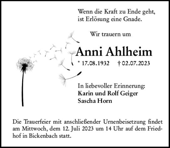 Traueranzeige von Anni Ahlheim von Darmstädter Echo