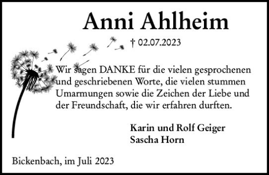 Traueranzeige von Anni Ahlheim von Darmstädter Echo