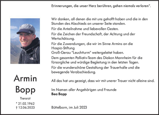 Traueranzeige von Armin Bopp von Groß-Gerauer Echo