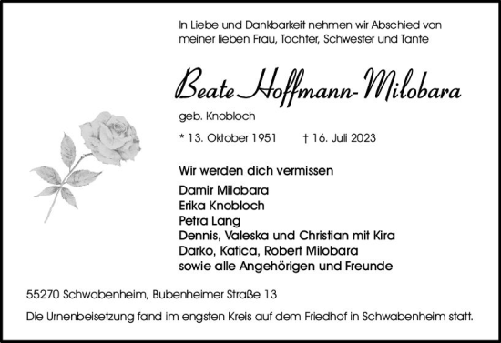 Traueranzeige von Beate Hoffmann-Milobora von Allgemeine Zeitung Bingen/Ingelheim