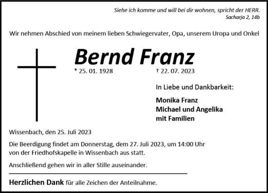 Traueranzeige von Bernd Franz von Dill Block