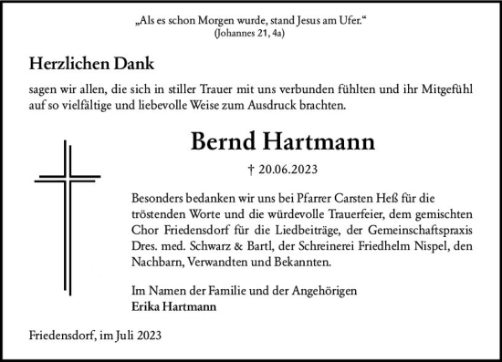 Traueranzeige von Bernd Hartmann von Hinterländer Anzeiger