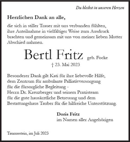 Traueranzeige von Bertl Fritz von Wiesbadener Kurier