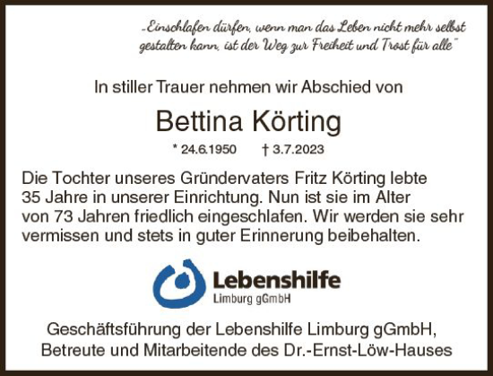 Traueranzeige von Bettina Körting von Nassauische Neue Presse