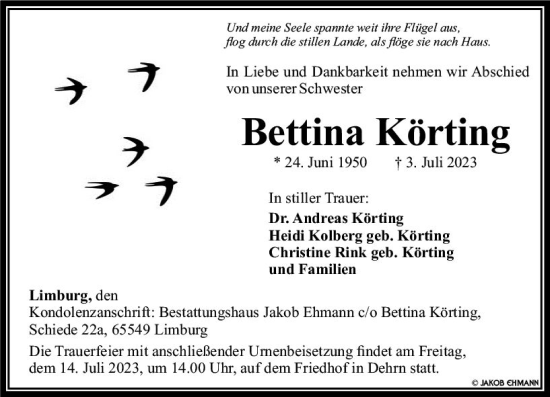 Traueranzeige von Bettina Körting von Nassauische Neue Presse