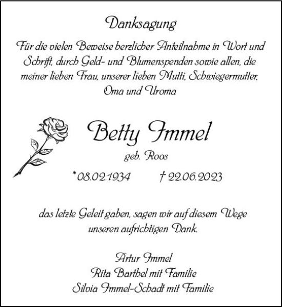 Traueranzeige von Betty Immel von Rüsselsheimer Echo