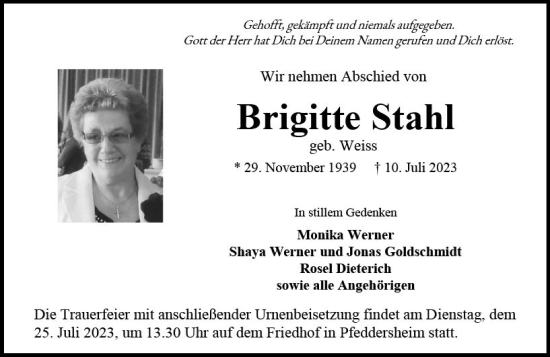 Traueranzeige von Brigitte Stahl von Wormser Zeitung