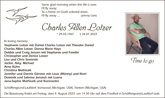 Traueranzeige von Charles Allen Lotzer von Wetzlarer Neue Zeitung