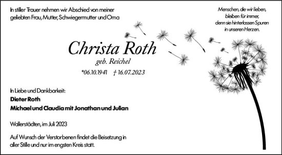 Traueranzeige von Christa Roth von Groß-Gerauer Echo