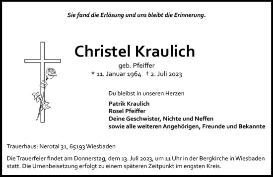 Traueranzeige von Christel Kraulich von Wiesbadener Kurier