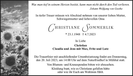 Traueranzeige von Christiane Sommerlik von Darmstädter Echo
