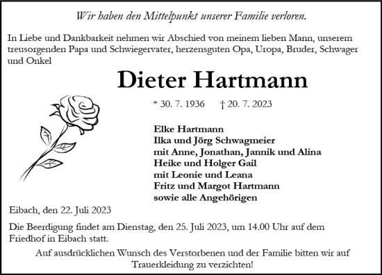 Traueranzeige von Dieter Hartmann von Dill Block