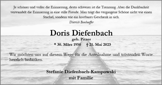 Traueranzeige von Doris Diefenbach von Hinterländer Anzeiger