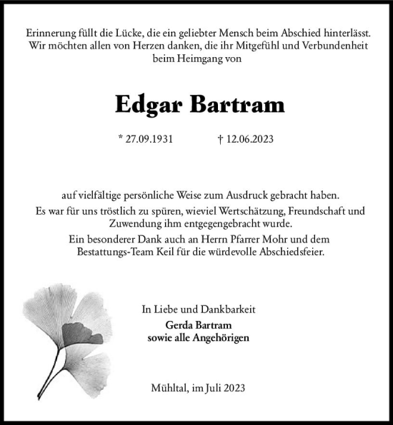 Traueranzeige von Edgar Bartram von Darmstädter Echo