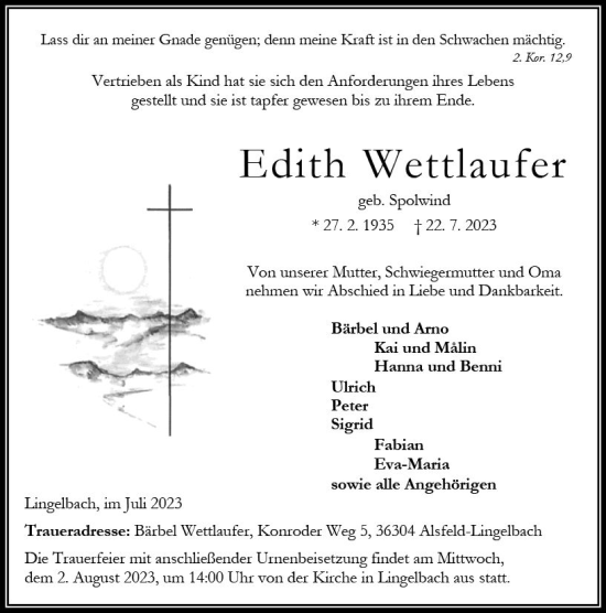 Traueranzeige von Edith Wettlaufer von VRM Trauer