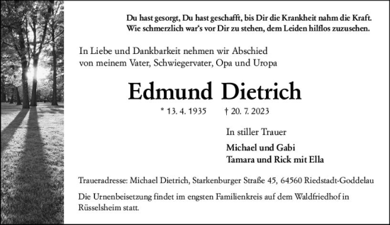 Traueranzeige von Edmund Dietrich von Rüsselsheimer Echo