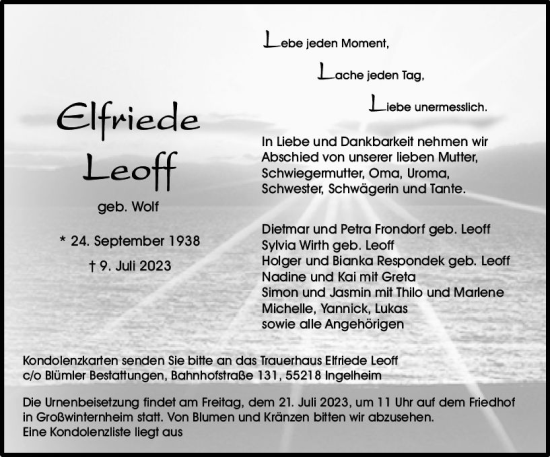 Traueranzeige von Elfriede Leoff von Allgemeine Zeitung Bingen/Ingelheim