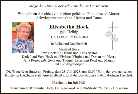Traueranzeige von Elisabeth Hock von Allgemeine Zeitung Alzey