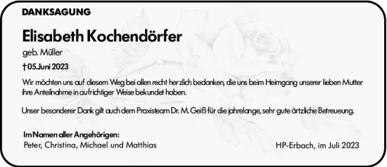Traueranzeige von Elisabeth Kochendörfer von Starkenburger Echo