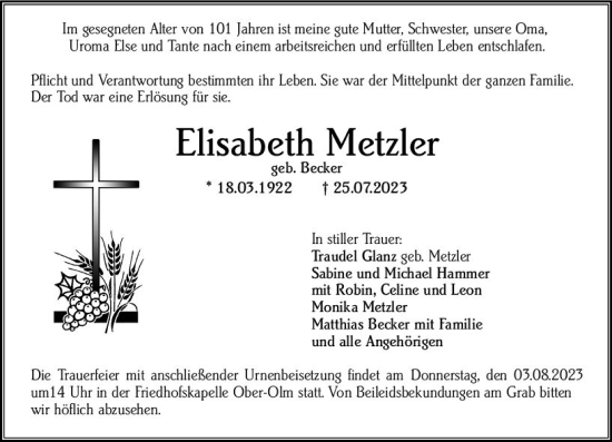 Traueranzeige von Elisabeth Metzler von Allgemeine Zeitung Mainz