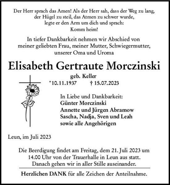 Traueranzeige von Elisabeth Gertraute Morczinski von Wetzlarer Neue Zeitung