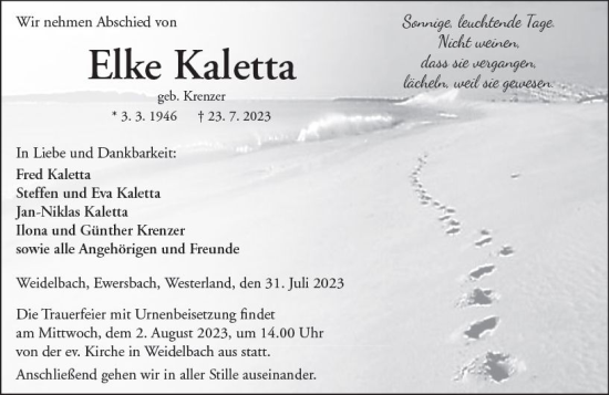 Traueranzeige von Elke Kaletta von Dill Block
