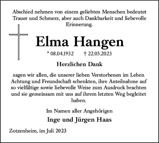 Traueranzeige von Elma Hangen von Allgemeine Zeitung Bingen/Ingelheim
