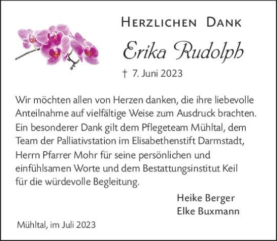 Traueranzeige von Erika Rudolph von Darmstädter Echo