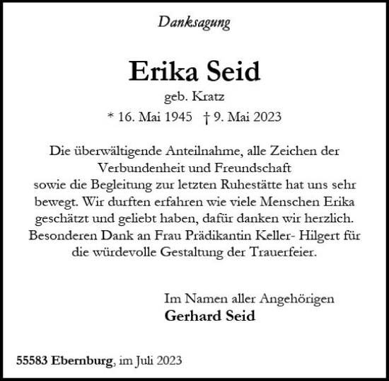 Traueranzeige von Erika Seid von Allgemeine Zeitung Bad Kreuznach