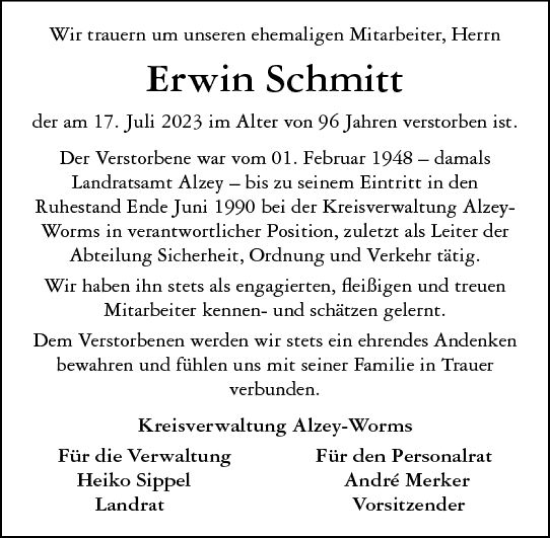 Traueranzeige von Erwin Schmitt von Allgemeine Zeitung Alzey